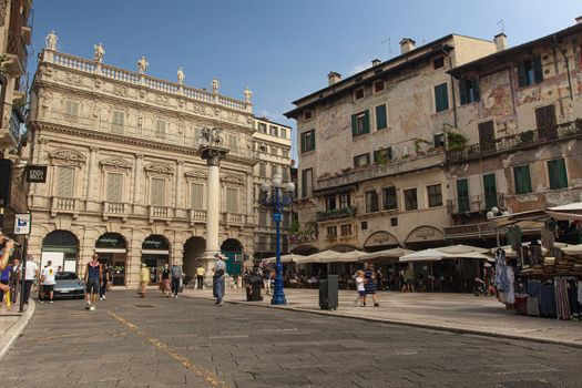 VERONA, ITALY 10 SEPTEMBER 2020: Wide angle view of Piazza delle Erbe in Verona in Italy