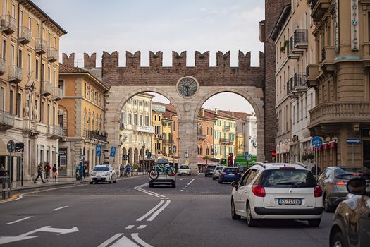 VERONA, ITALY 10 SEPTEMBER 2020: Portoni della Bra in Verona, an ancient door at the entrance of the historical italian city