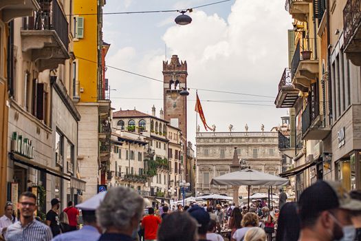 VERONA, ITALY 10 SEPTEMBER 2020: Piazza delle Erbe in Verona full of people walking