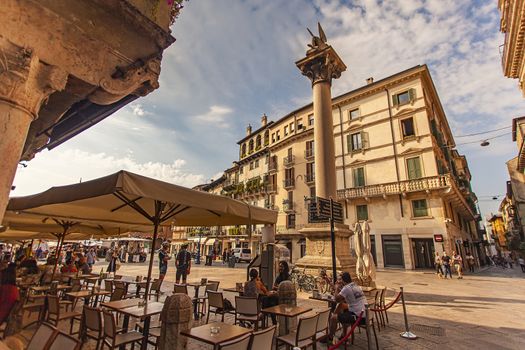 VERONA, ITALY 10 SEPTEMBER 2020: View of Piazza delle Erbe in Verona in Italy