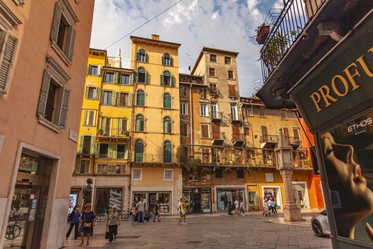VERONA, ITALY 10 SEPTEMBER 2020: View of Piazza delle Erbe in Verona in Italy