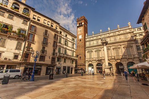 VERONA, ITALY 10 SEPTEMBER 2020: View of Piazza delle Erbe in Verona in Italy