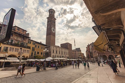 VERONA, ITALY 10 SEPTEMBER 2020: View of Piazza delle Erbe in Verona in Italy