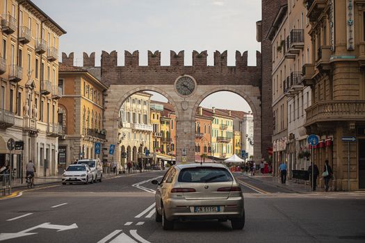 VERONA, ITALY 10 SEPTEMBER 2020: Portoni della Bra view with city life in Verona in Italy