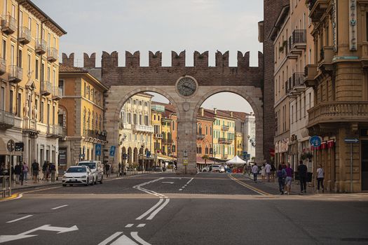 VERONA, ITALY 10 SEPTEMBER 2020: Portoni della Bra view with city life in Verona in Italy