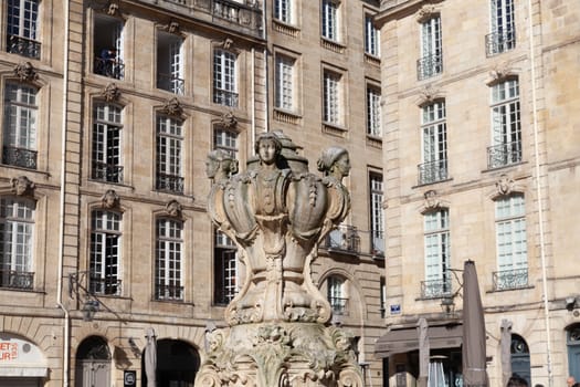 Bordeaux, France: 22 February 2020: Parliament Square fountain close-up
