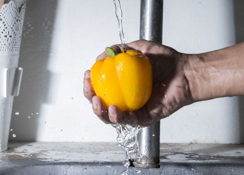 Bell chilli pepper on male hand with water splash