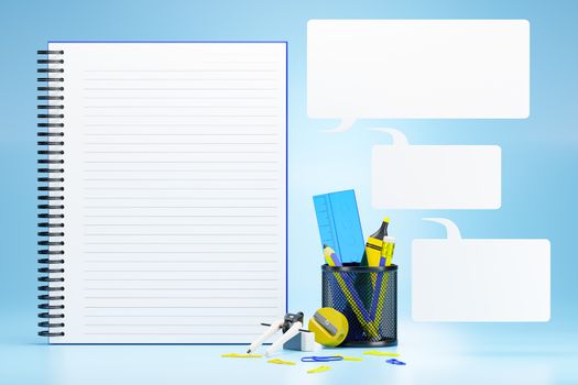 The stationary or office equipment in a blue background and text box is empty next to it. Closeup and copy space for text. 3D illustration render. Concept of back to school or working in the office.