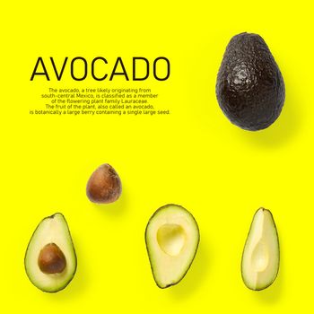 Modern creative avocado collage with simple text on solid color background. Avocado slices creative layout on yellow background. Flat lay, Design elements, Food concept