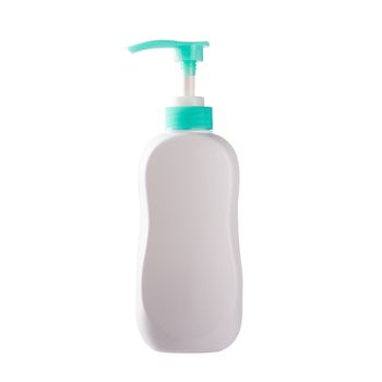 White plastic pump soap bottle container for cream, liquid soap, lotion, and shampoo product blank no label in the bathroom, studio shot isolated on over white background