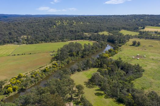 The Nepean River running through farmland in Wallacia in Wollondilly Shire in regional New South Wales in Australia