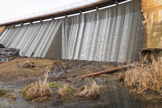 The reservoir wall at Lake Canobolas in Orange in regional New South Wales in Australia