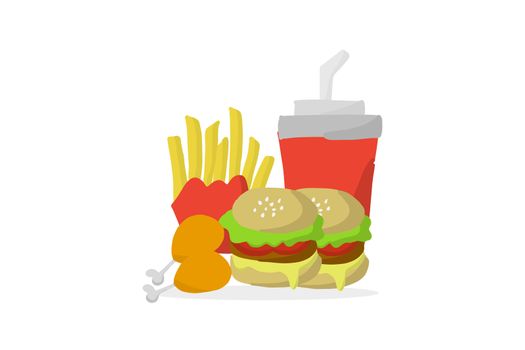 Fast food or junk food concept. Hand draw cheeseburger, french fries, beverage, and deep-fries chicken isolated on white background.