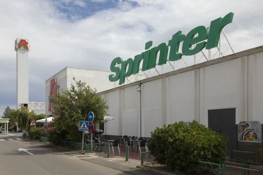 Zaragoza, Spain - August 18, 2020: Area of shopping centers and huge hypermarkets and stores on the outskirts of the city of Zaragoza.