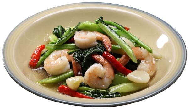 Stir-Fried Pak Choi And Shrimp isolated on white background with clipping path