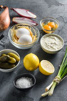 Ranch sauce in a white porcelain bowl with ingredients eggs capers,vegetables, herbs and spices on an grey stone textured table side view.