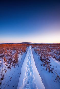 Way in the snowy Pond in Bulgaria paradise national park.