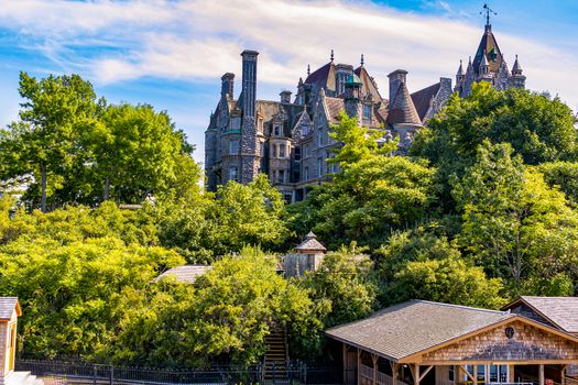 Fragment of domes and roofs of the castle on the Big, green island on the St. Lawrence River.