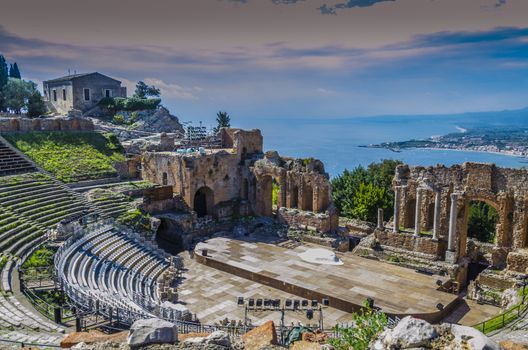 Close-up of ancient greek theater of taormina italian coast and mediterranean sea sicily