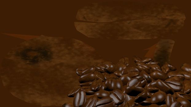 Scattered roasted coffee beans background with copy space for text and advertisements. Coffee beans are healthy for human brain and nervous system. 3D rendering