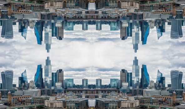 Double horizontal and vertical upside down mirror effect of London, UK city skyline and skyscrapers