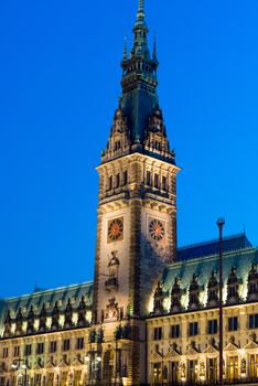 A detail of Hamburgs townhall at dawn