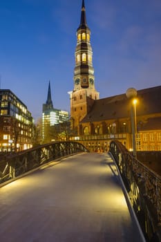 The St. Catherine's Church in Hamburg after sunset