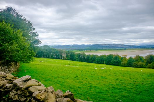 view over Morecambe Bay at Sandside toward Whitbarrow Scar Cumbria