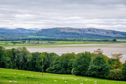 view over Morecambe Bay at Sandside toward Whitbarrow Scar Cumbria