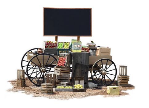 Sale of various product items on a wagon in Old Western style