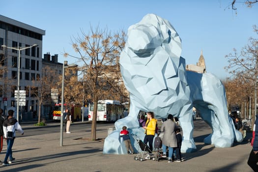 Bordeaux, France: 22 February 2020: Square of Stalingrad and Le Lion de Veilhan statue