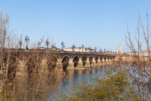 Bordeaux, France: 22 February 2020: Pont de pierre (Stone Bridge) on a bright sunny day