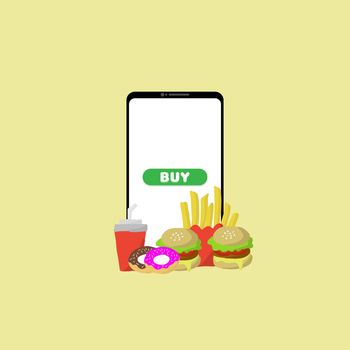 Shopping and order food by application on mobile phone on yellow background. Business online and food delivery concept. 