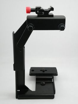 Black adjustable metal flash bracket photography accessory use to minimize the shadow of subject in portrait position