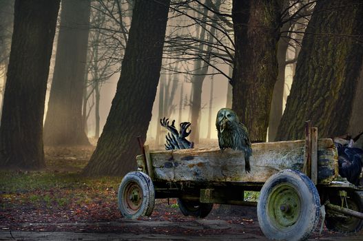 Spooky forest with flying owl, carriage of the dead and trees. Mysterious forest with crow on the night. Scary Halloween concept. Photo manipulation