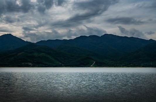 View of landscape nature in sky and cloud storm and river in stormy rain season