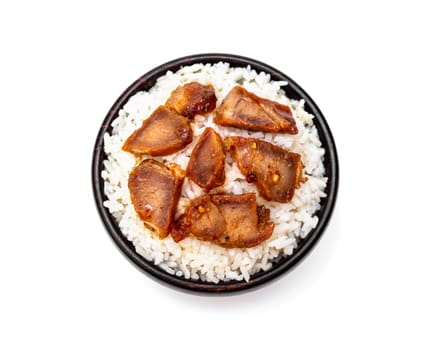 White rice with grilled pork in black bowl on white background, Rice from asia, Rice food of asian style