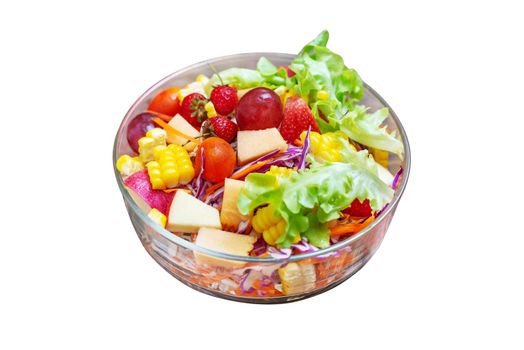 Fruits salad and vegetable in bowl isolated on white background, Clipping path