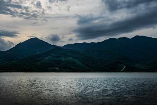 View of landscape nature in sky and cloud storm and river in stormy rain season