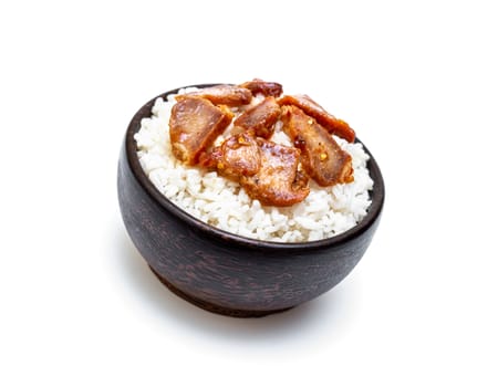 White rice with grilled pork in black bowl on white background, Rice from asia, Rice food of asian style