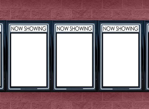 Horizontal of three blank movie marquees on a red background.