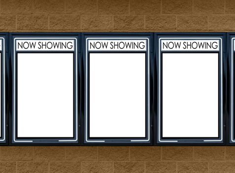 Horizontal of three blank movie marquees on a gold background.