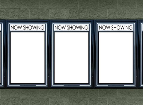 Horizontal of three blank movie marquees on a green background.