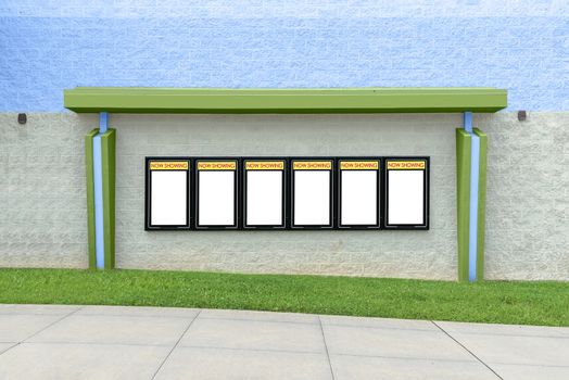 Horizontal shot of six blank framed outdoor movie marquees for images.