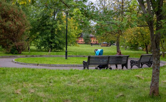 A young sports mom with a stroller sits on a wooden bench in the Park.Healthy outdoor sleep
