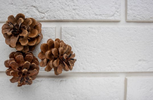 Pine cones lie on white bricks.The concept of a new year, Christmas, holiday