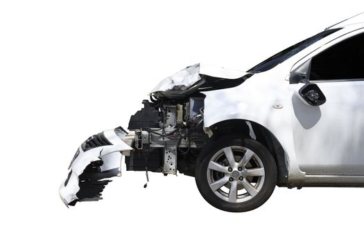 Front of white color car big damaged and broken by accident isolated on white background. Save with clipping path