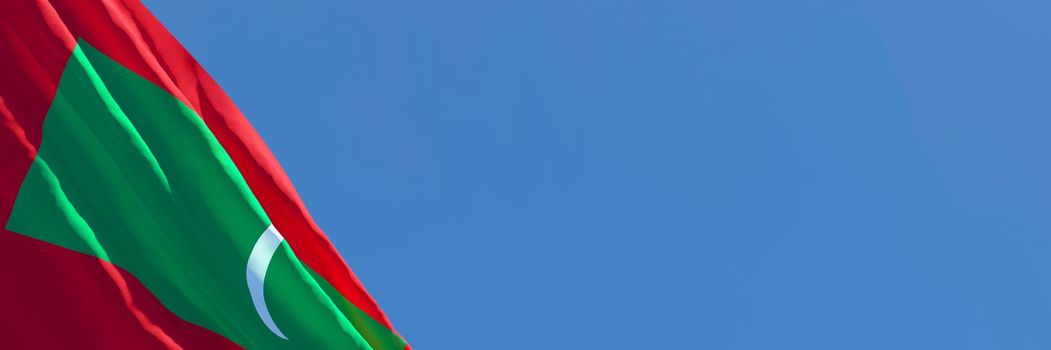 3D rendering of the national flag of Maldives waving in the wind against a blue sky