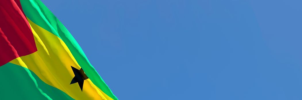 3D rendering of the national flag of Sao Tome And Principe waving in the wind against a blue sky