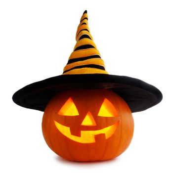 Jack O Lantern Halloween pumpkin in witches hat isolated on white background